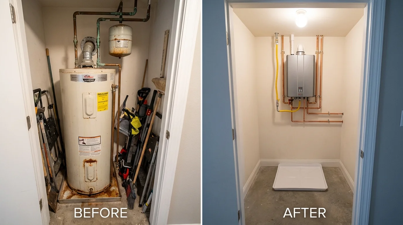 Tank water heater versus wall-mounted tankless unit comparison for Brookshire, TX homeowners
