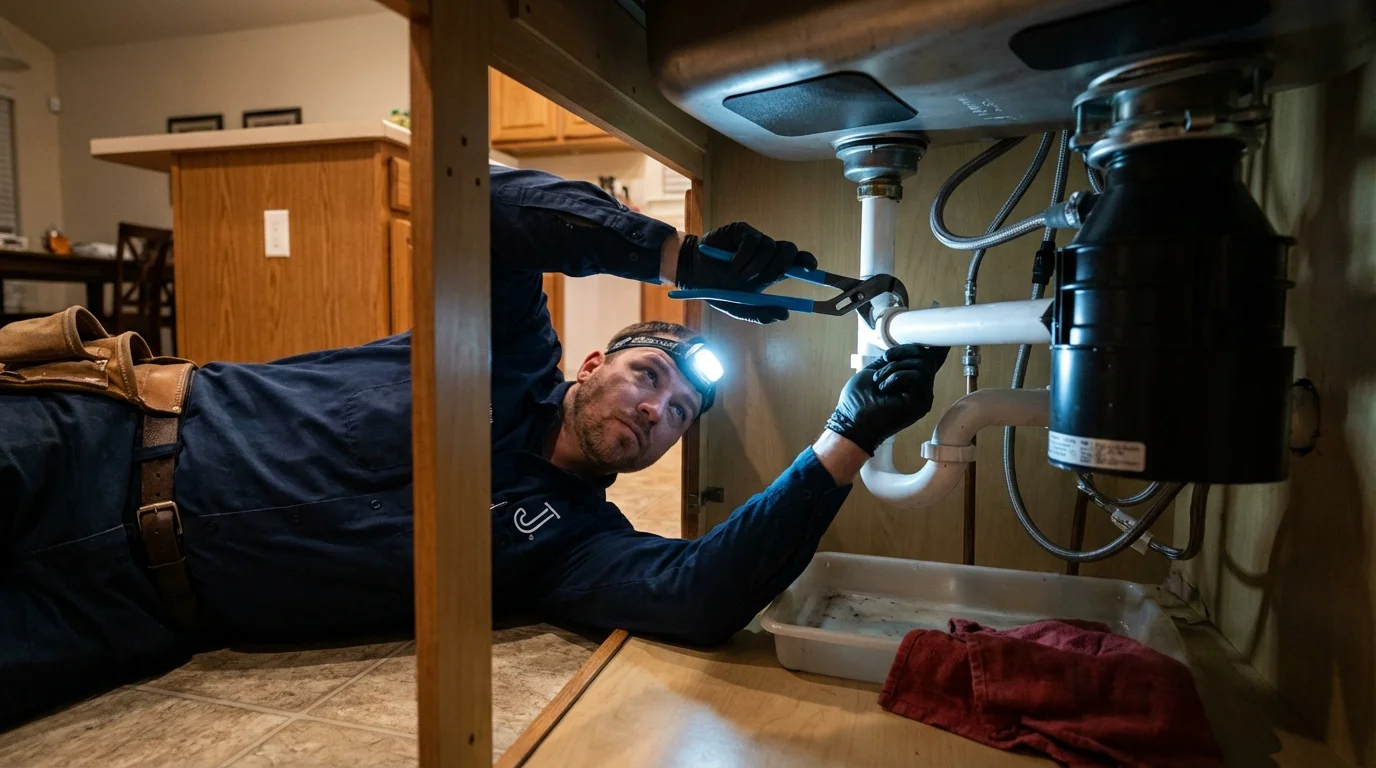 P-trap and supply line connections under a kitchen sink showing a common leak point in Brookshire, TX